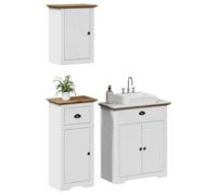 Set di Mobili da Bagno 3 Pezzi in Pino Massello e Legno Ingenerizzato, Mobile Bagno Completo Salvaspazio con Mobile Base Lavabo, Mobiletto Portasciugamani e Mobiletto a Muro, Bianco e Marrone