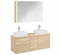 Set di mobili da bagno 4 pezzi Chene Sonoma con specchio LED | Mobile da parete, specchio LED USB,porte reversibili,legno di ingegneria,cassetti,vanità,senza fori preforati,2 punte incluse