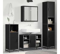 Set di mobili da bagno, 4 pezzi, nero, effetto rovere, materiale in legno | montaggio a parete, armadietto a specchio incluso, mobiletto sottolavabo, armadio alto e basso, resistente all'umidità
