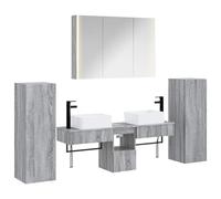 Set di mobili da bagno 6 pc Sonoma grigio con specchio LED | Legno ingegneristico, elementi in vetro, porte reversibili, LED USB, pensili, cassetti, mensole, senza foratura