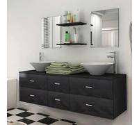 Set di mobili da bagno 9 pezzi con lavandino e rubinetto nero | Mobile sottolavabo sospeso, 4 cassetti, 2 specchi, 2 ripiani, lavabo in ceramica, miscelatori