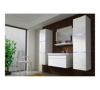 Set di mobili da Bagno Bianchi, Collezione Raven. 2 colonne, Specchio, mobiletto sotto lavabo, lavabo 80cm, sifone e LED.