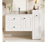 Set di mobili da bagno da 107 cm, lavabo con mobiletto e mobiletto alto | Armadietto a specchio, lavabo in ceramica e paraspruzzi, cerniere a vapore, completamente premontato e senza montaggio per WC