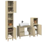 Set di mobili da bagno da 3 pezzi in rovere Sonoma: mobiletto sottolavabo (65 x 33 x 60 cm) + 2 armadietti da bagno (30 x 30 x 190 e 30 x 30 x 100 cm), materiale in legno con gambe in eucalipto