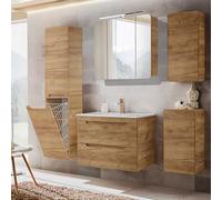 Set di mobili da bagno Lomadox in rovere, lavabo in ceramica con mobiletto, armadietto con specchio e illuminazione a LED, mobile alto con contenitore per biancheria, armadio a muro, mobiletto