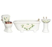 Set di mobili da bagno per casa delle bambole, bianco con motivo floreale giallo, scala 1:12