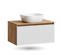 Set di mobili da bagno Planetmöbel Arisa, lavabo da 80 cm in oro rovere bianco (con nervature), lavabo da 42 cm bianco, incl. sifone a risparmio di spazio