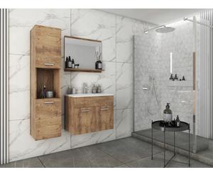 Set di mobili da bagno sospesi con lavabo, specchio e colonna in castagno