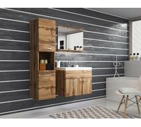 Set di mobili da bagno, sospeso con lavabo, specchio e colonna, in rovere Wotan
