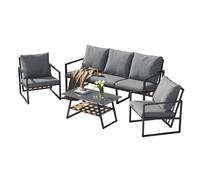 Set di mobili da giardino, 5 pezzi, con tavolo in vetro e cuscino confortevole, divano a 3 posti, 2 poltrone, telaio in acciaio zincato (inossidabile) + corde in tessuto PU, resistente alle intemperie