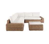 Set di mobili da giardino a 5 posti in finto rattan intrecciato in resina riciclata con cuscini in poliestere riciclato bianco sporco