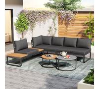 Set di mobili da giardino ad angolo per 4-5 persone, telaio in ferro zincato per esterni, 5-TLG, divani ad angolo, 2 tavolini impilabili, con imbottitura e cuscino inclusi