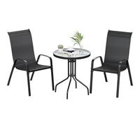 Set di mobili da giardino da 3 pezzi, sedie da esterno impilabili con schienale alto e tavolino in vetro per prato, giardino, balcone, bordo piscina