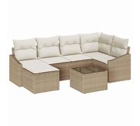Set di mobili da giardino da 7 pezzi, gruppo di conversazioni con cuscino, resistente alle intemperie, polyrattan e acciaio, beige, crema, modulare, con scomparti portaoggetti, per giardino, terrazza