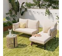 Set di mobili da giardino in ferro e corda beige, mobili da giardino intrecciati, set conversazioni L forma, con tavolo