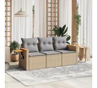 Set di mobili da giardino in polyrattan beige da 3 pezzi con cuscini, tavolino pieghevole con sollevamento a gas e design modulare, perfetto per terrazze o patii.