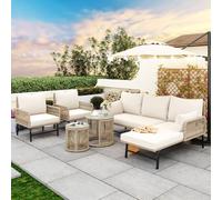 Set di mobili da giardino in rattan Lounge per esterni, 6 pezzi, modulare intrecciato a mano, con 2 posti a 2 posti, 2 poltrone e 2 tavoli in vetro, imbottitura da 8 cm con rivestimenti lavabili