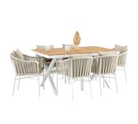 Set di mobili da giardino ISOLA bianco/beige con 1 tavolo e 6 sedie, con cuscino e schienale imbottito, tavolo e sedie in alluminio, rivestito con rope, piano in WPC effetto legno naturale, mobili da