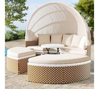 Set di mobili da giardino Lounge Isola Solare per 4 persone, in rattan, con baldacchino estraibile e piano del tavolo sollevabile, forma rotonda a conchiglia con cuscino spesso 6 cm, resistente alle