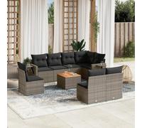 Set di mobili da giardino modulari in polyrattan da 9 pezzi, grigio, con cuscini, tavolo in acacia e tavolino di sollevamento a gas, contenitore impermeabile