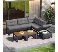 Set di Mobili da Giardino per 4-5 Persone, Seduta del Divano Schienale Regolabile in 3 posizioni e Funzione Reclinabile, Vano Portaoggetti, Poliestere Resistente Intemperie, Set Salotto da giardino