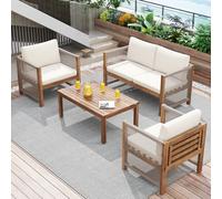 Set di mobili da giardino per 4 persone, con divano doppio, 2 poltrone e tavolo, struttura in legno di acacia e cuscino in poliestere lavabile, per giardino, terrazza, balcone, beige