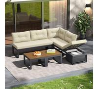 Set di Mobili da Giardino per 4 Persone, Seduta del Divano Schienale Regolabile in 3 posizioni e Funzione Reclinabile, Vano Portaoggetti, Poliestere Resistente Intemperie,Set Salotto da giardino(Beige