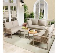 Set di Mobili da Giardino per 6-7 persone, con Divano Angolare e 2 Tavolo, Cuscini di Seduta e Schienale, Set di Divani da Esterno, Imbottiti Salottino per Terrazzo, Struttura in Ferro Zincato( Beige)
