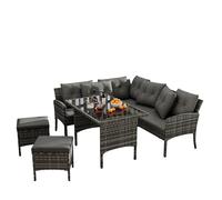 Set di mobili da giardino per 7 persone, con divano ad angolo, sgabello, tavolo in vetro rattan, resistente alle intemperie, per esterni, in polyrattan, lavabile, resistente ai raggi UV, telaio in
