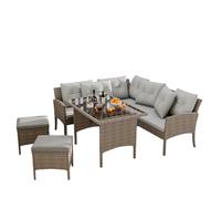 Set di mobili da giardino per 7 persone, con divano ad angolo, sgabello, tavolo in vetro rattan, resistente alle intemperie, per esterni, in polyrattan, lavabile, resistente ai raggi UV, telaio in