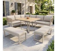 Set di mobili da giardino per 8-10 persone, divano da giardino con grande tavolo da pranzo in legno di plastica, fune, grande tavolo con venature del legno, gambe regolabili, tutti i cuscini per