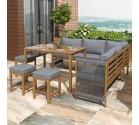 Set di mobili da giardino per 8 persone con divano ad angolo e tavolo da pranzo, 3 sgabelli, struttura in legno di acacia resistente alle intemperie, cuscino regolabile e design artigianale, per