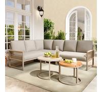 Set di mobili da giardino per esterni, 6-7 persone, con schienale alto 86 cm e 2 tavoli, con braccioli intrecciati a mano, mobili da terrazza e balcone con piano in vetro effetto marmo/legno