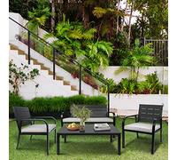 Set di mobili da giardino per esterni da 4 pezzi: divano a due posti in rattan PE, 2 poltrone, tavolino da caffè con cuscini, struttura in acciaio, set di conversazione per tutte (Nero e grigio)