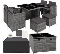 tectake® Set di Mobili da Giardino, Arredo Giardino, Resistente Rattan Sintetico, Alluminio, Mobili d Arredo, 4Sedie, Tavolo, 4Sgabelli, Involucro Protettivo - Grigio