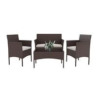 Set Di Mobili da Giardino Salotto Salottino in Rattan 4 Posti con Tavolino E Ripiano In Vetro 2 Poltrone e Divano 2 Posti Per Giardino Esterno Piscina Cuscini Sfoderabili (Brown)