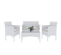 Set Di Mobili da Giardino Salotto Salottino in Rattan 4 Posti con Tavolino E Ripiano In Vetro 2 Poltrone e Divano 2 Posti Per Giardino Esterno Piscina Cuscini Sfoderabili (Bianco)