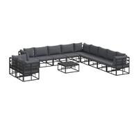 Set di mobili modulari per esterno con tavolo in alluminio nero e sedute imbottite grigie, resistenti alle intemperie. Ha una finitura verniciata a polvere e cuscini rimovibili. Composto da 5 angoli