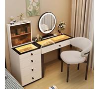 Set di mobili per camera da letto con 5 cassetti, in legno massello, con specchio a luce LED, set completo di mobili per camera da letto, con sedia da scrivania, mobile laterale, elegante cassettiera