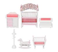 Set di mobili per camera da letto in miniatura, accessori in legno a scala 1:12, mobili in betulla rosa e bianca con culla, letto da principessa e armadio, ideali per la