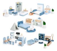 Set di mobili per casa delle bambole in legno, 32 pezzi di accessori e mobili per casa delle bambole Sanlebi, mobili in miniatura inclusi 5 kit di stanze, giocattolo di finzione regalo per bambini, ba