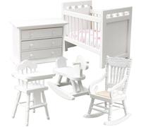 Set di mobili per casa delle bambole in scala 1:12, mobili in miniatura legno include culla, cavallo a dondolo, sedia, armadietto Camera da letto per bambini Accessori per casa delle bambole (Bian