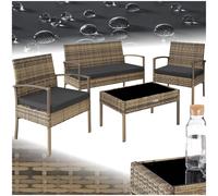 TecTake® Set di Mobili in Rattan Sparta, Set Sedie, Panca, Tavolino Salotto con Lastra in Vetro, Comodi Cuscini Idrorepellenti, Ideale per Giardino, Terrazzo, Veranda - Naturale