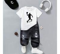 Set di moda casual da strada per ragazzi giovani, composto da pantaloni a maglia stampati e stampa a motivo, adatto per ragazzi di età 4-7 anni. È una buona scelta per la fotografia di strada e l'uso 