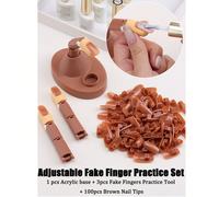Set di modelli per dita finte regolabili, modelli di dita per esercitarsi con unghie acriliche, 1 base, 3 dita finte, 100 adesivi per unghie marroni, adatto per l'allenamento di arte di unghie, fornit