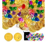 Set di monete d'oro per bambini (201 pezzi) - monete d'oro per bambini, pietre e teschi con cordino per pirate Treasure Hunt, scrigno del tesoro per feste di compleanno per bambini