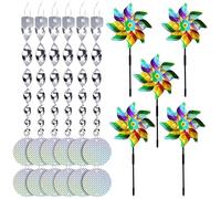 Set di mulini a vento per scacciare uccelli e piccioni, 5 mulini a vento + 6 spirali riflettenti per scacciare piccioni + 12 dischi riflettenti rotondi, spaventapasseri per proteggere giardino