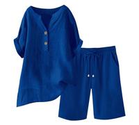 Set di mussola da donna, elegante camicetta in lino e vita elasticizzata, pantaloncini estivi, 2 pezzi, in cotone, lino, oversize, per il tempo libero, a maniche corte, 2 pezzi, #03 blu., 3XL