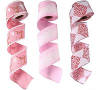 Set di nastri in lino con filo metallico, decorazione per albero di Natale, festival, 3 disegni rosa, resistenti agli strappi, bordo flessibile, per confezioni regalo, feste di nozze, progetti fai da