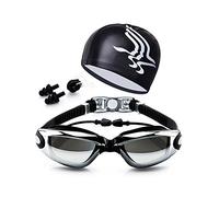 Set di occhialini da nuoto regolabili e cuffia, anti perdite, anti-appannamento, protezione UV, triathlon, con clip per naso, tappi per le orecchie, custodia per adulti, uomini, donne, giovani (nero)